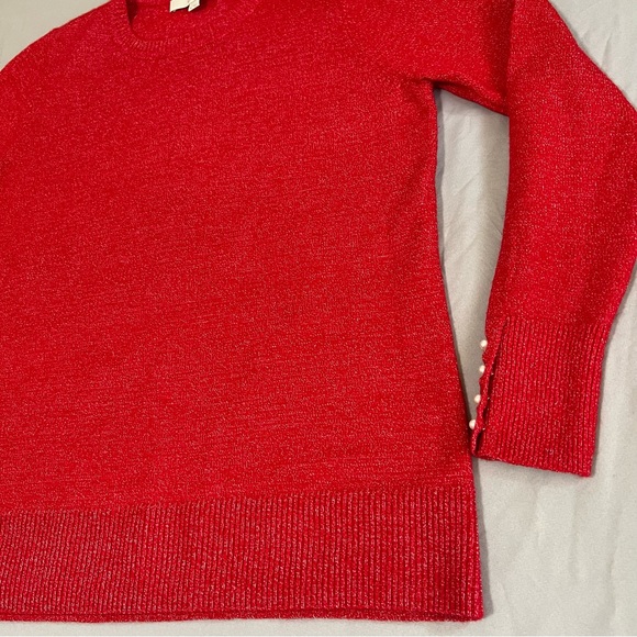 Loft Red Sweater Pearl sleeve Wool Blend Round Neck Long Sleeve size M - Picture 4 of 15